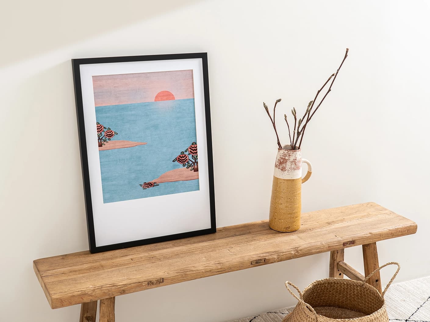 Slo Mo fine art print artwork in blue, shown in a lifestyle top view
