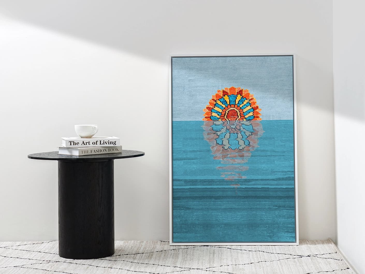 Sunflower canvas artwork in blue, shown in a lifestyle front view