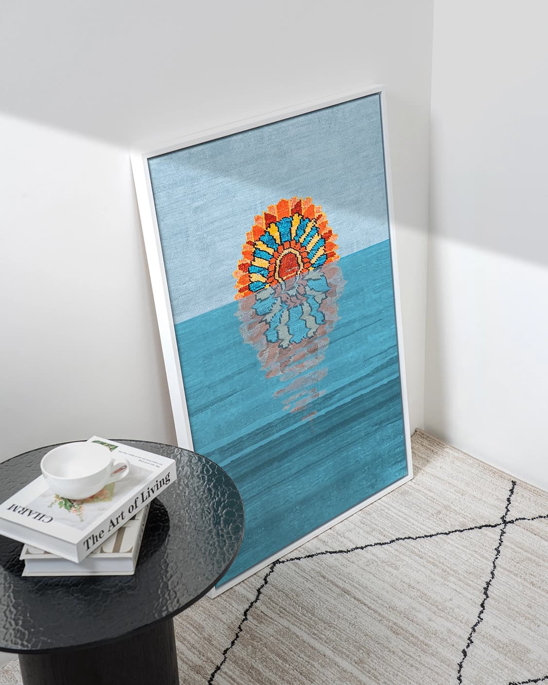Sunflower canvas in blue, shown in a lifestyle top view as image 4