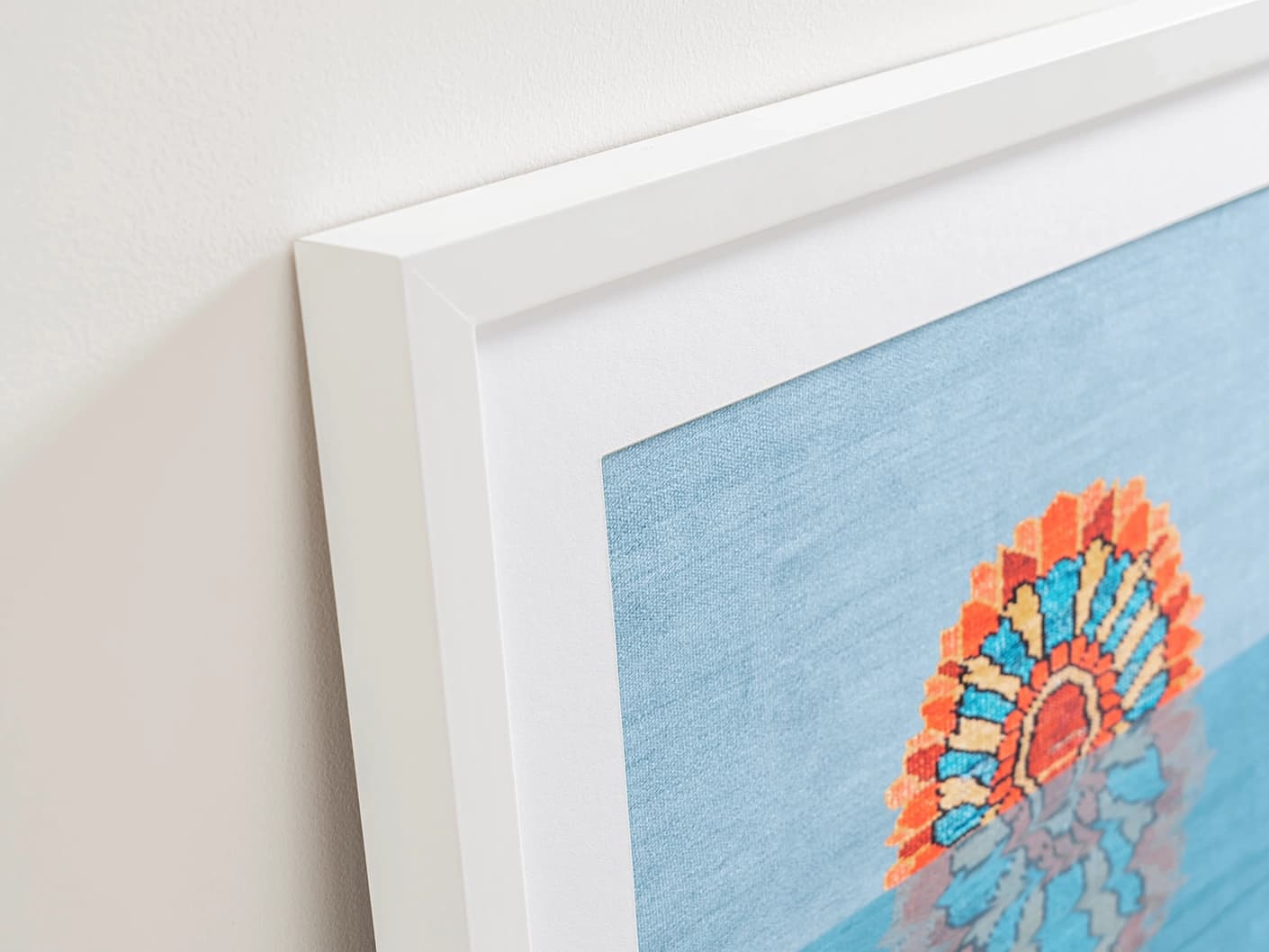 Sunflower fine art print in blue, shown in a lifestyle close-up view as image 1