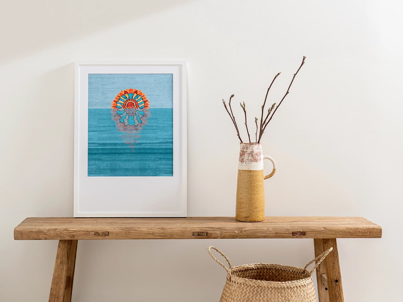 Sunflower fine art print in blue, shown in a lifestyle front view as image 3