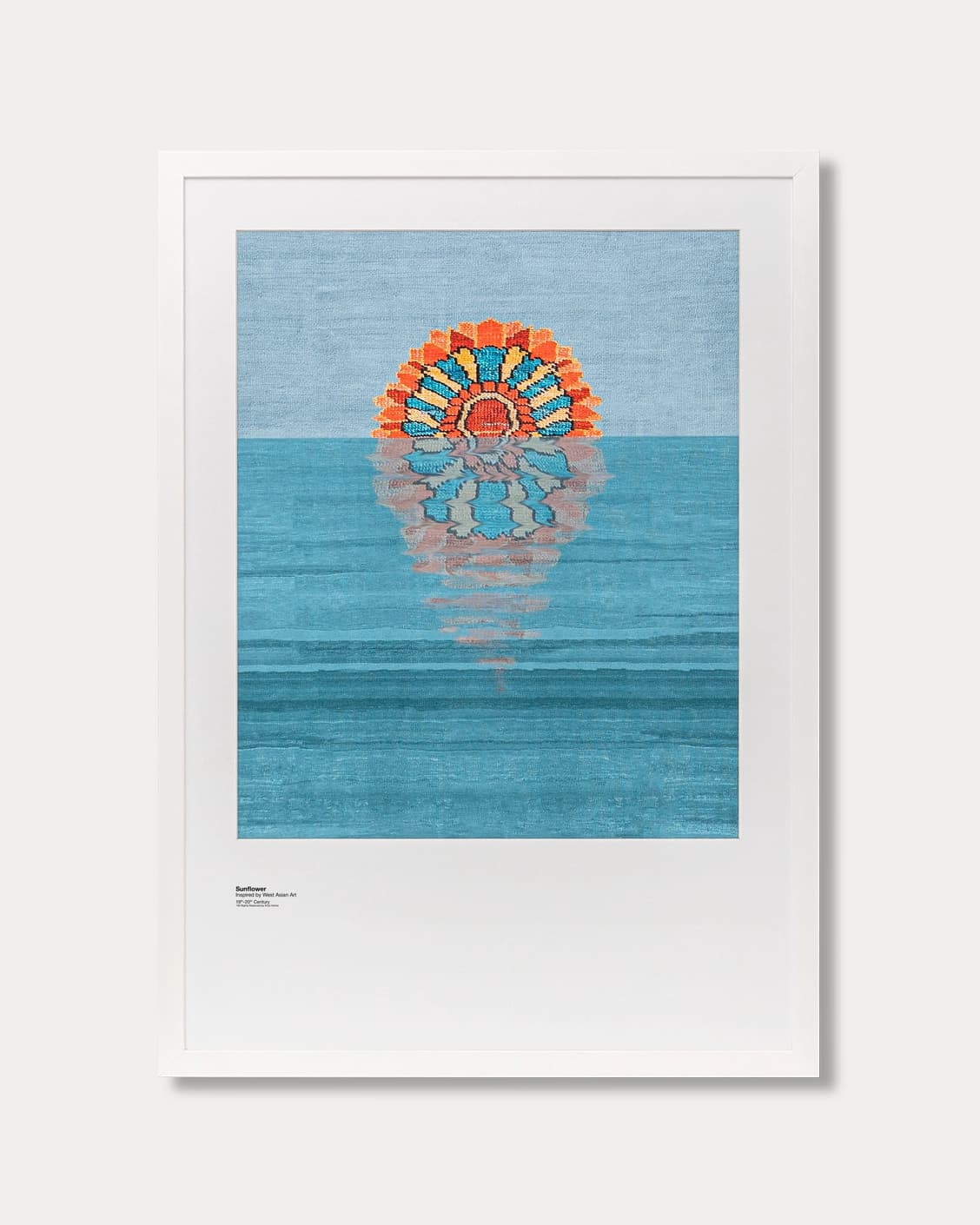Sunflower fine art print in blue, shown in a lifestyle front view as image 1