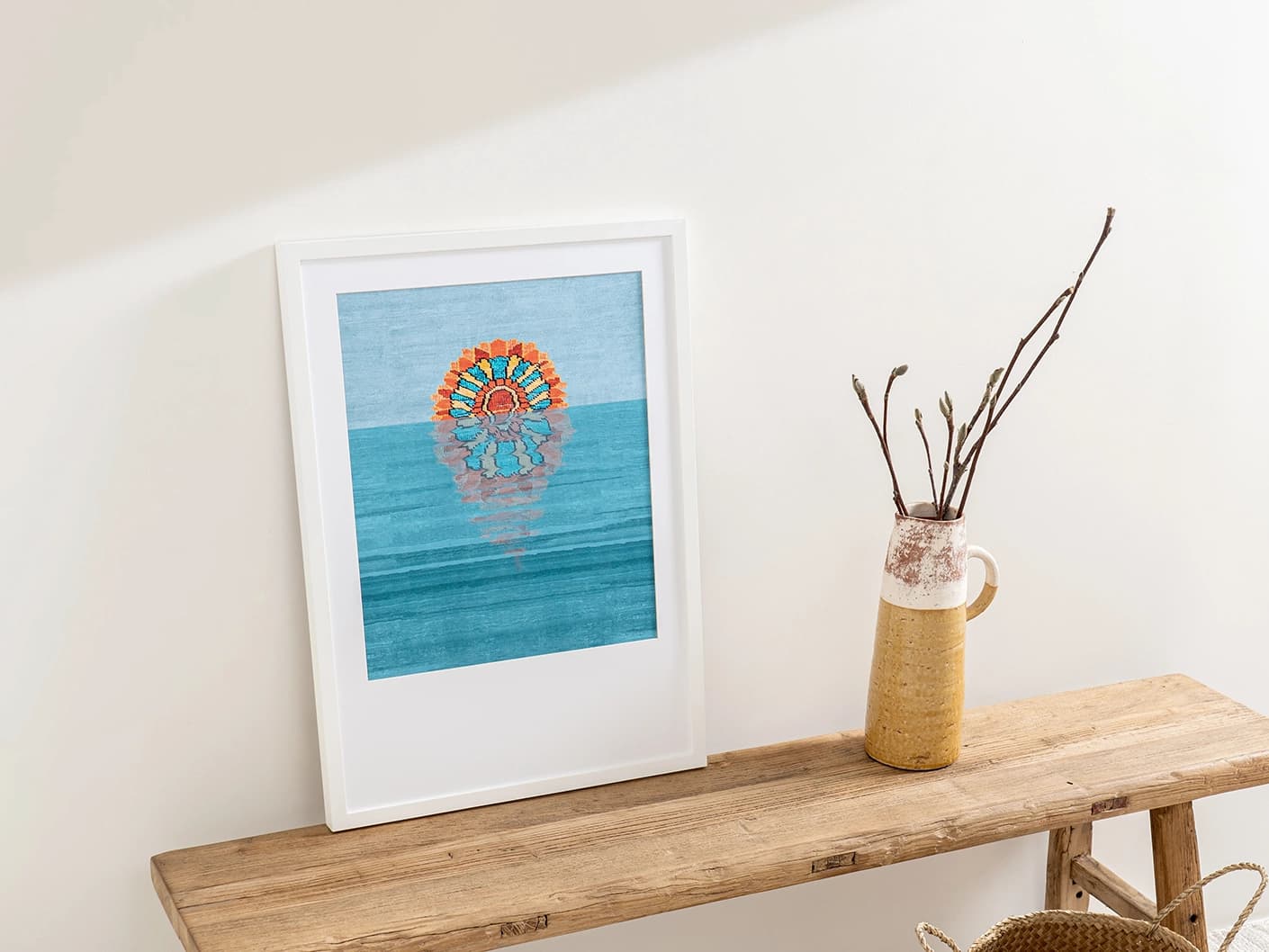 Sunflower fine art print artwork in blue, shown in a lifestyle top view