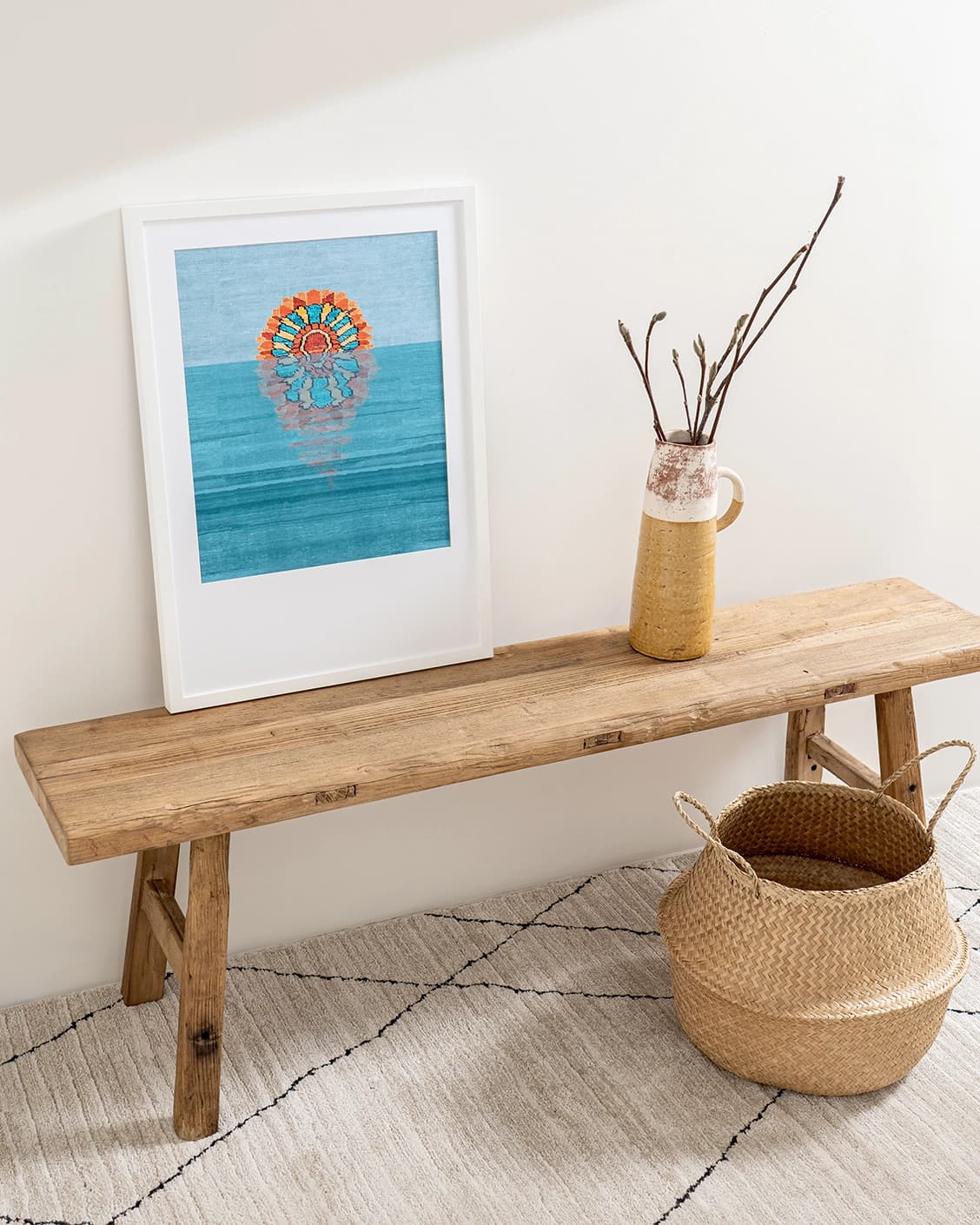 Sunflower fine art print in blue, shown in a lifestyle top view as image 4