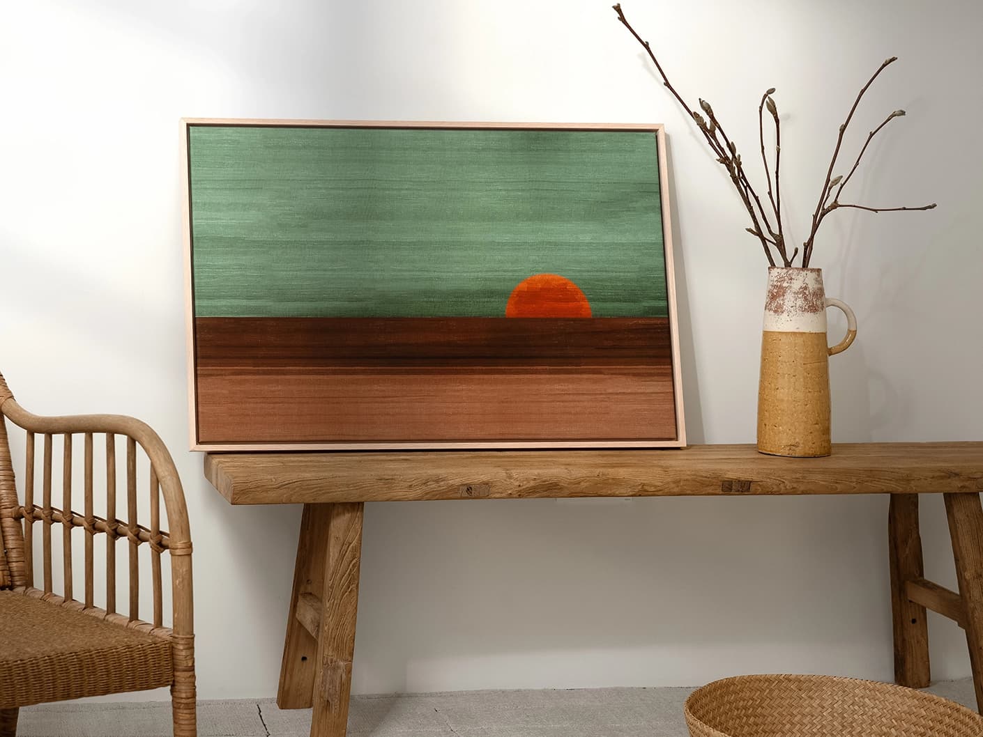 Sunset canvas artwork in green, shown in a lifestyle left view