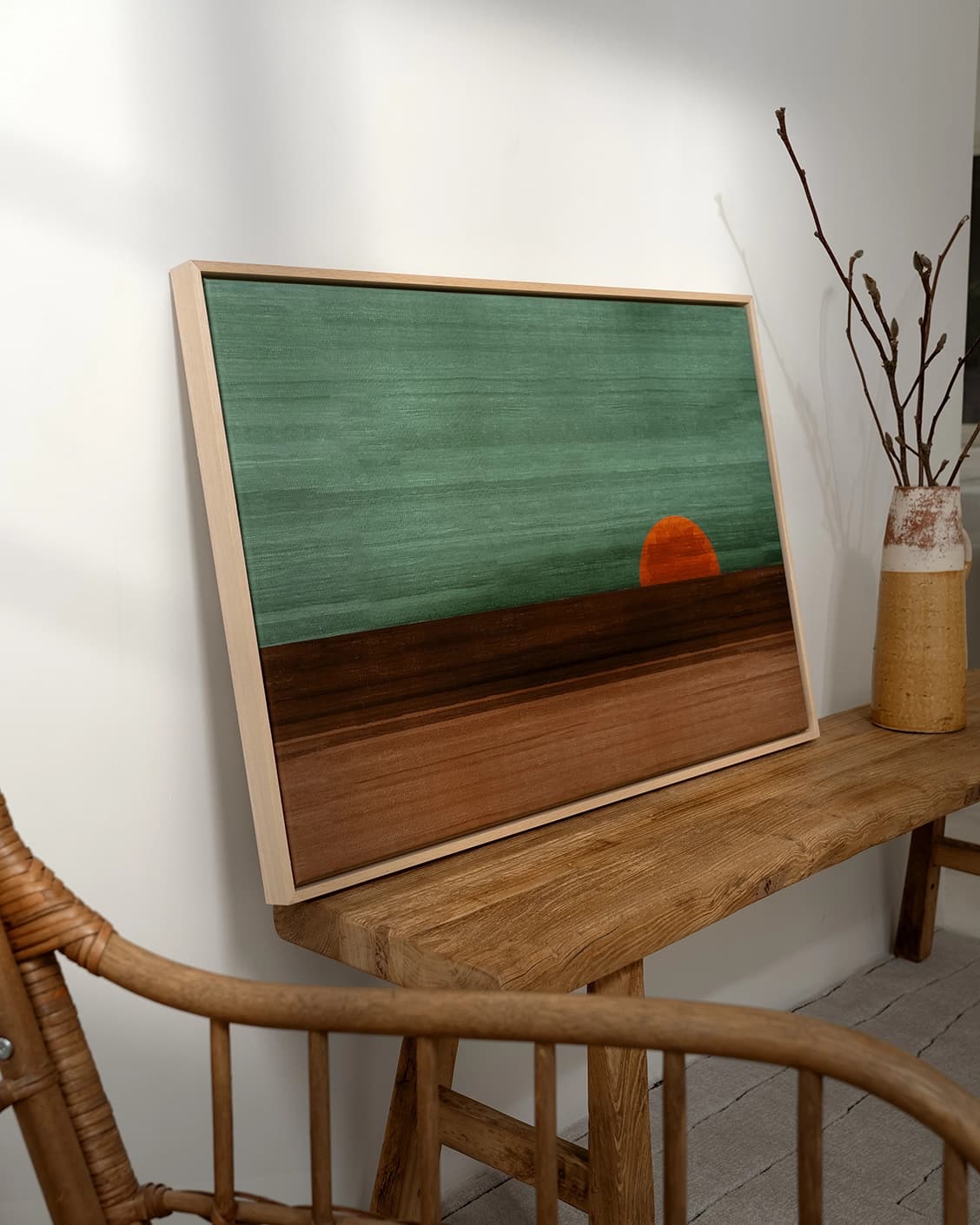 Sunset canvas in green, shown in a lifestyle left view as image 4