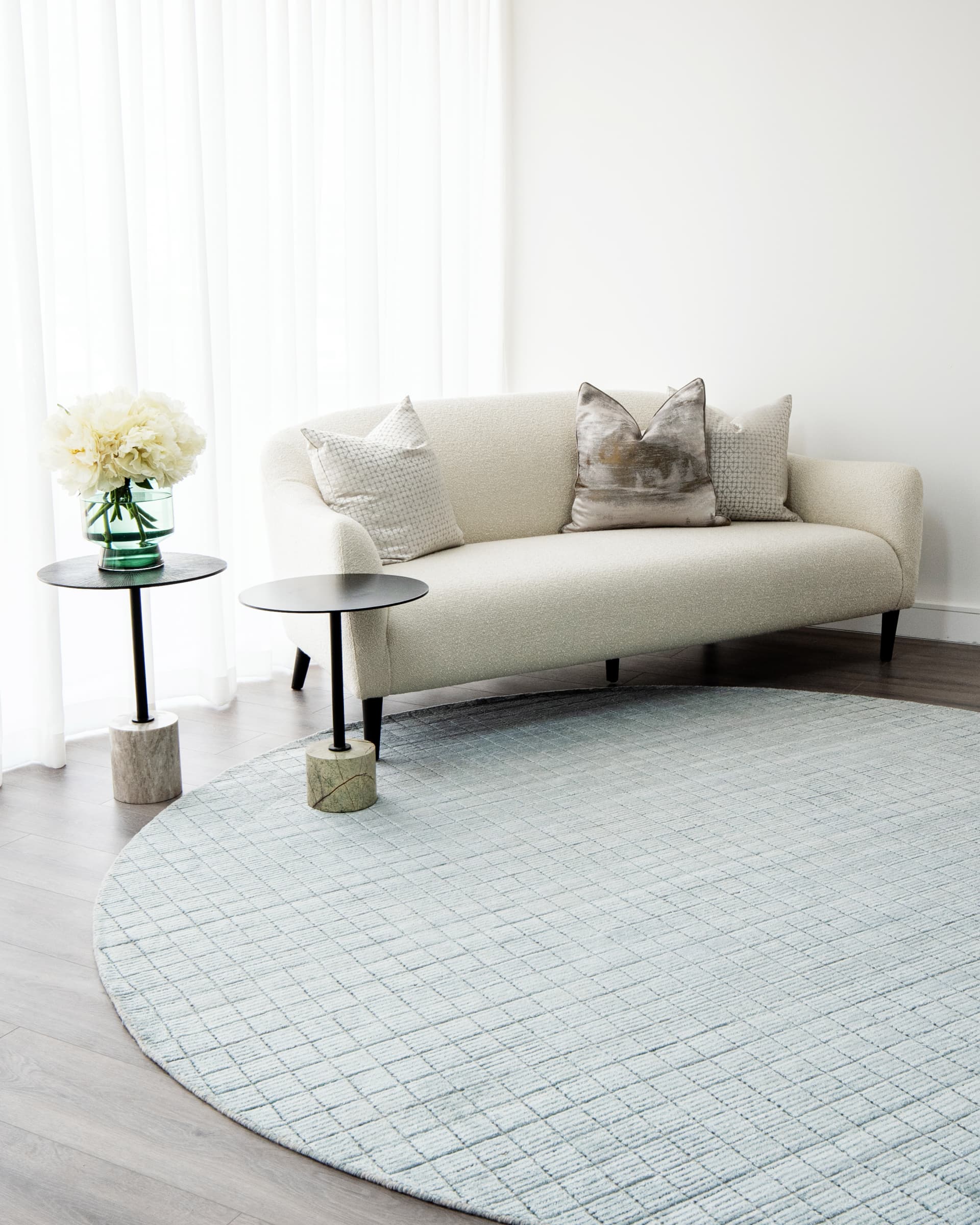 Taylor Sky Round carpet in sky, shown in a product as image video image
