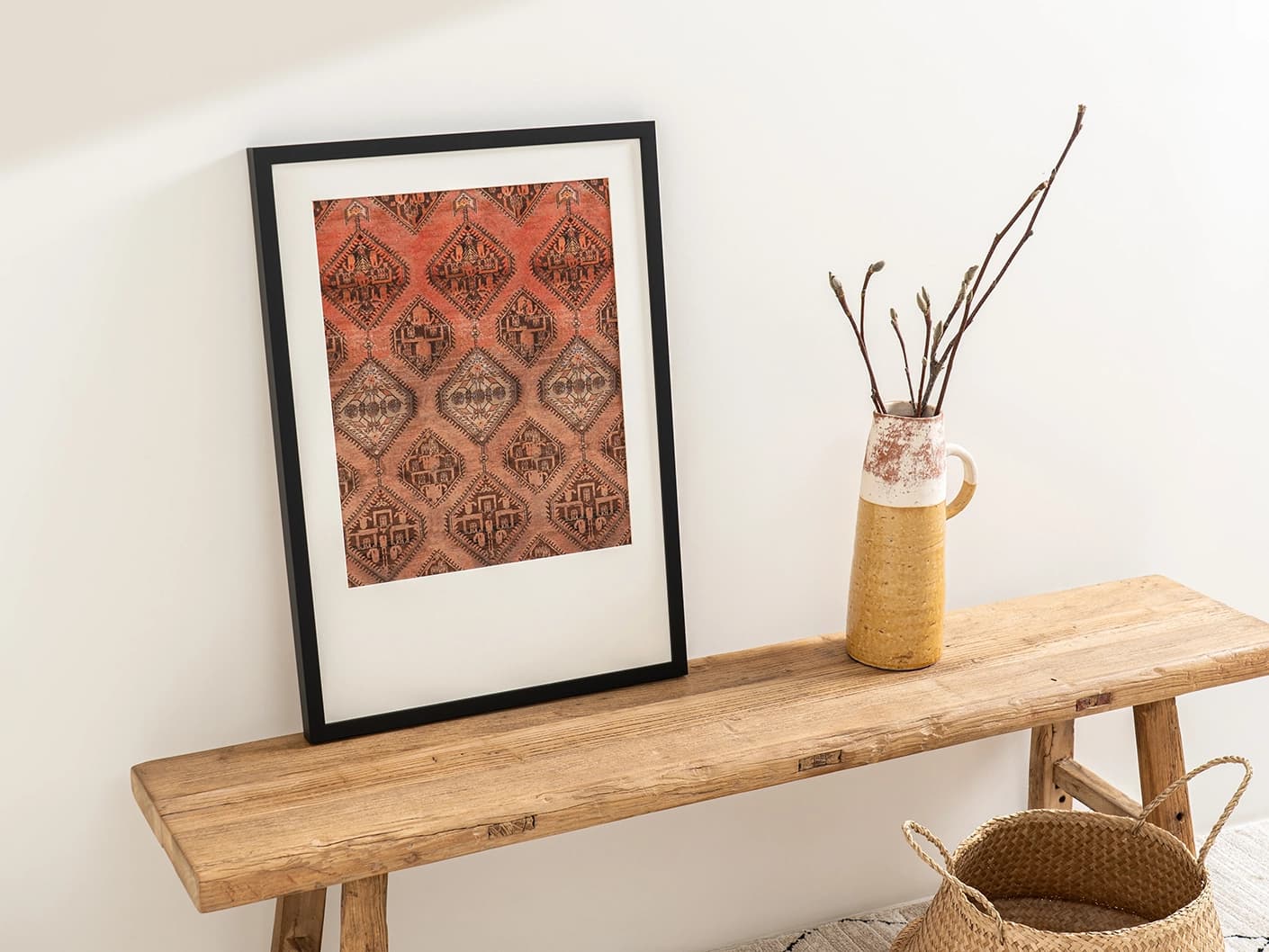 Terracotta fine art print artwork in brown, shown in a lifestyle top view
