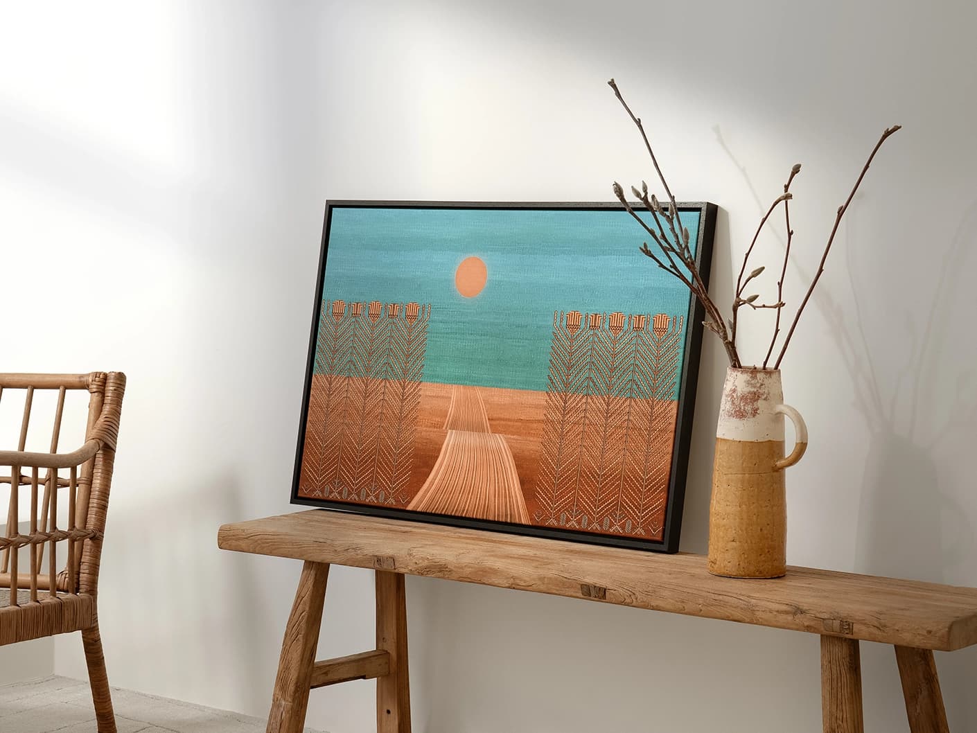 The Path canvas artwork in blue, green and brown, shown in a lifestyle right view