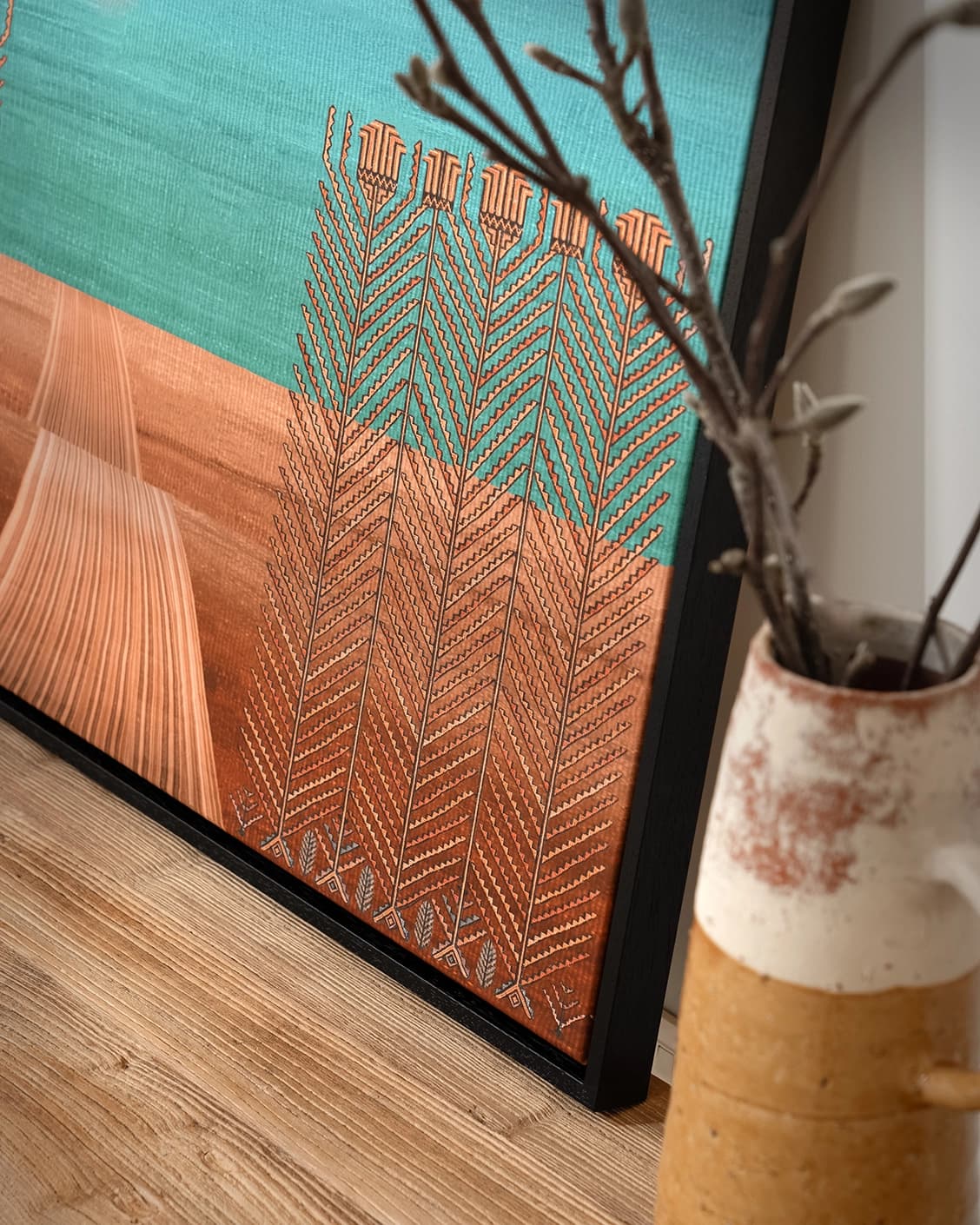 The Path canvas in blue, green and brown, shown in a lifestyle close-up as image 5