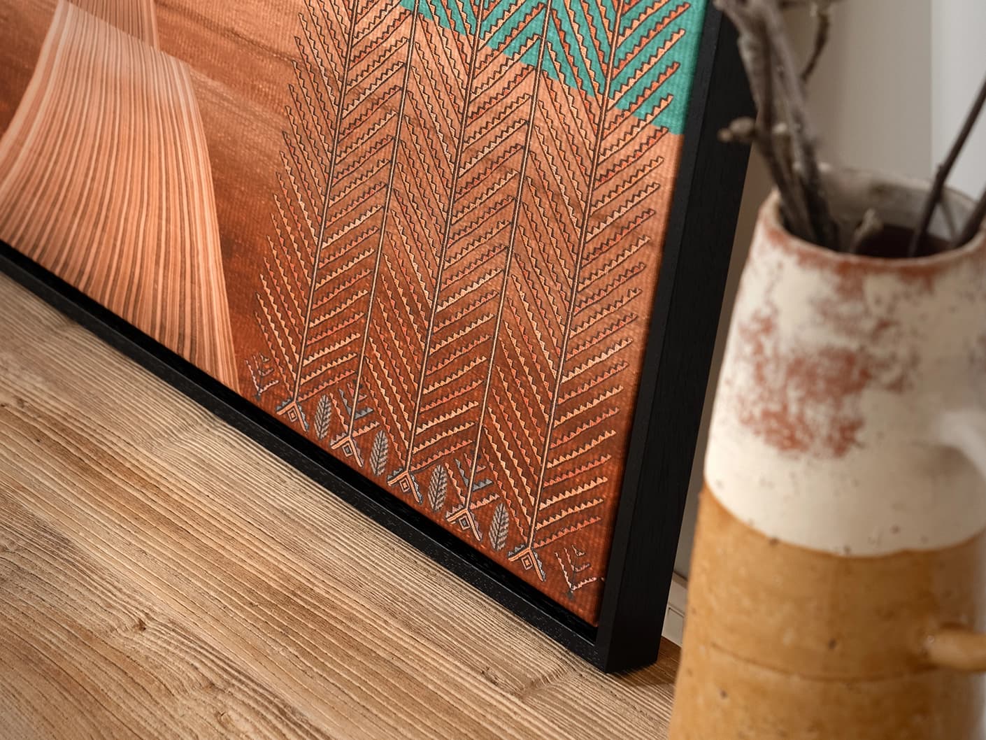 The Path canvas in blue, green and brown, shown in a lifestyle close-up as image 2