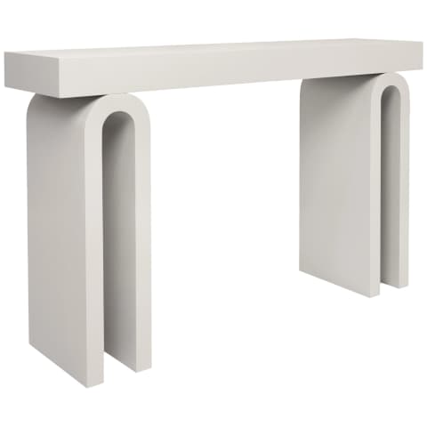 Trento console table in soft ivory and stone, shown in a lifestyle left view as imag