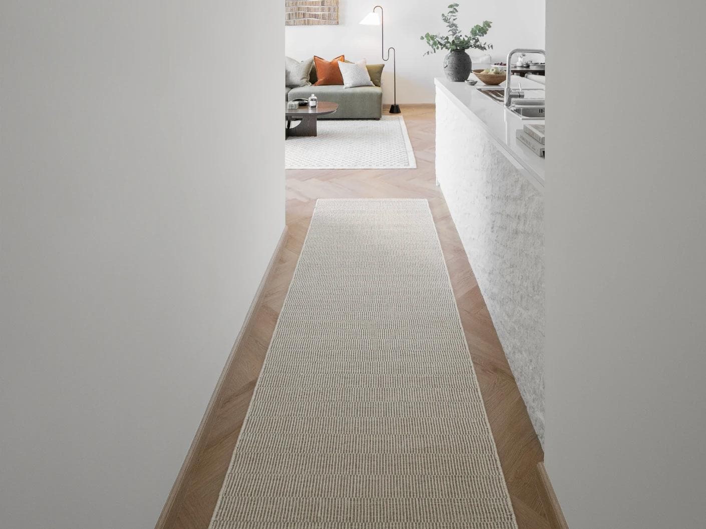 Treva Stone carpets in beige and taupe, shown in a lifestyle front view as image 3