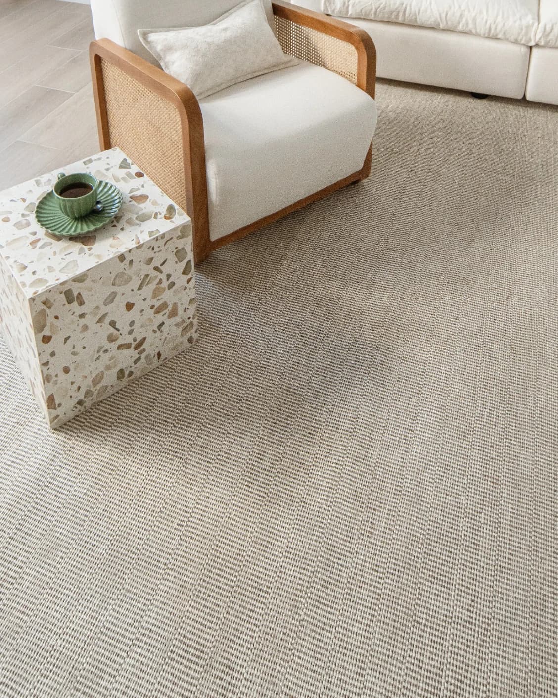 Treva Stone carpet in stone, beige and taupe, shown in a lifestyle top view as image 9
