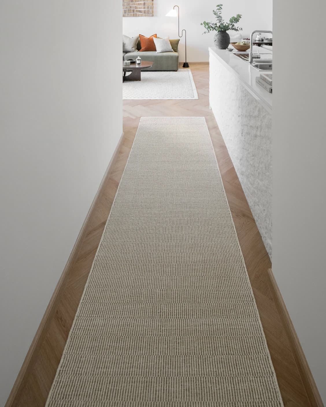 Treva Stone Runners carpet in stone, beige and taupe, shown in a lifestyle front view as image 2