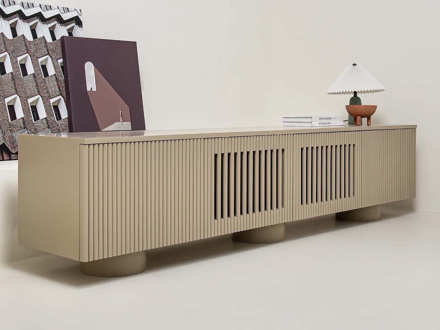 Treviso TV unit in warm clay and taupe, shown in a lifestyle left view