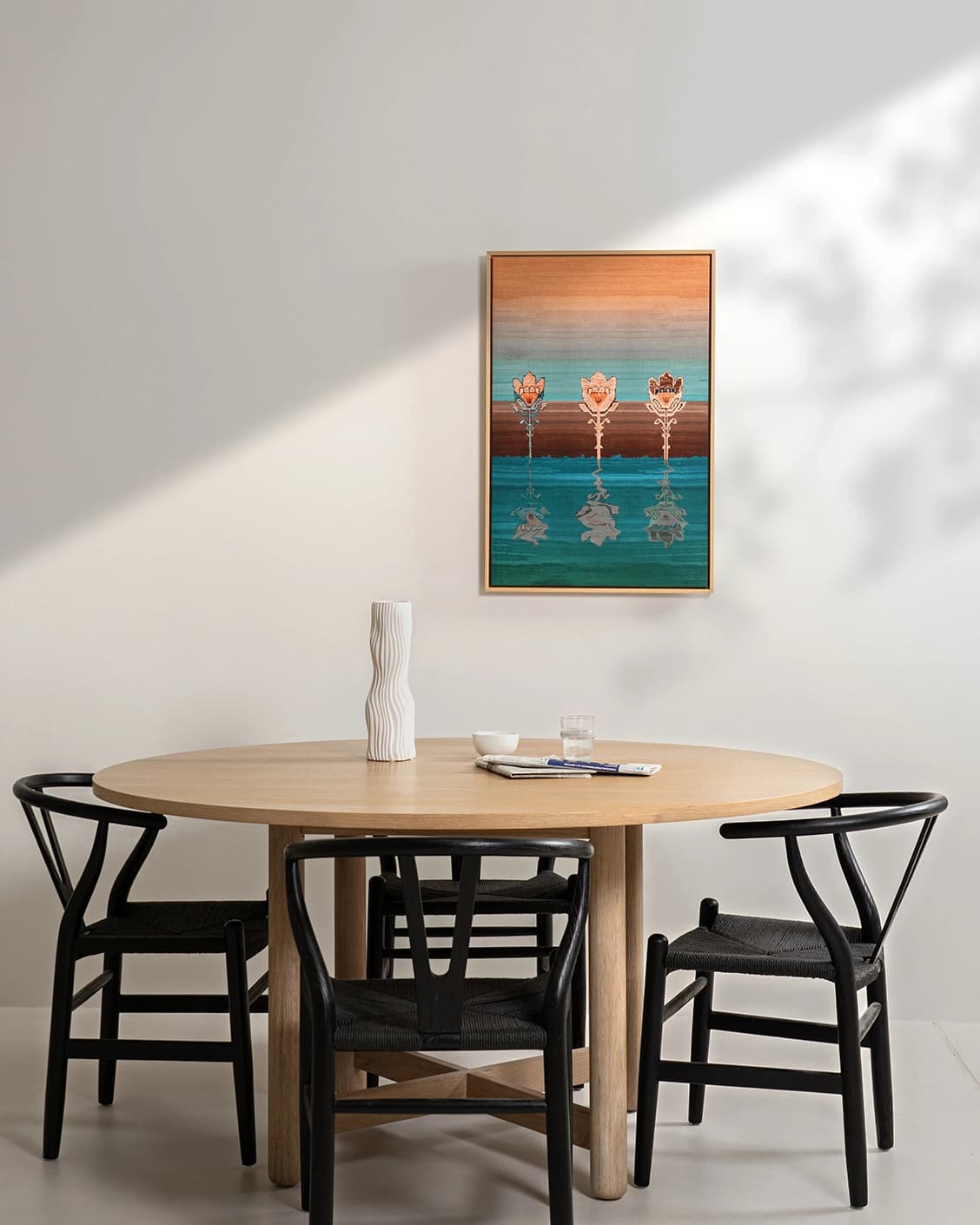 Tulips canvas in blue and beige, shown in a lifestyle front view as image 2