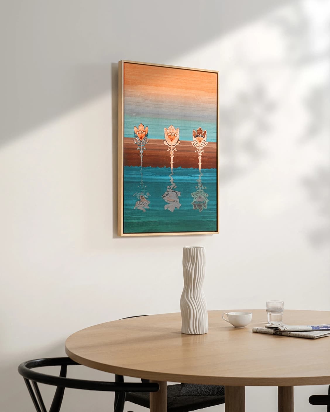 Tulips canvas in blue and beige, shown in a lifestyle left view as image 3