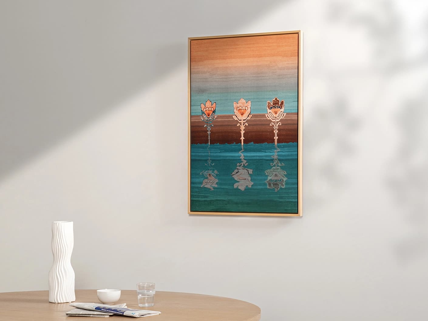 Tulips canvas artwork in blue and beige, shown in a lifestyle right view