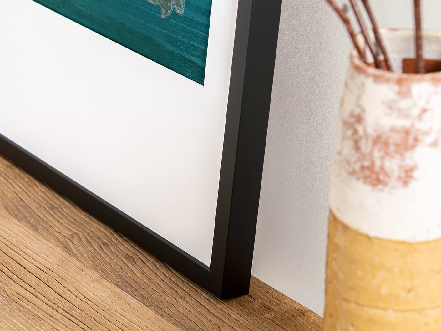 Tulips fine art print in blue and beige, shown in a lifestyle close-up view as image 2