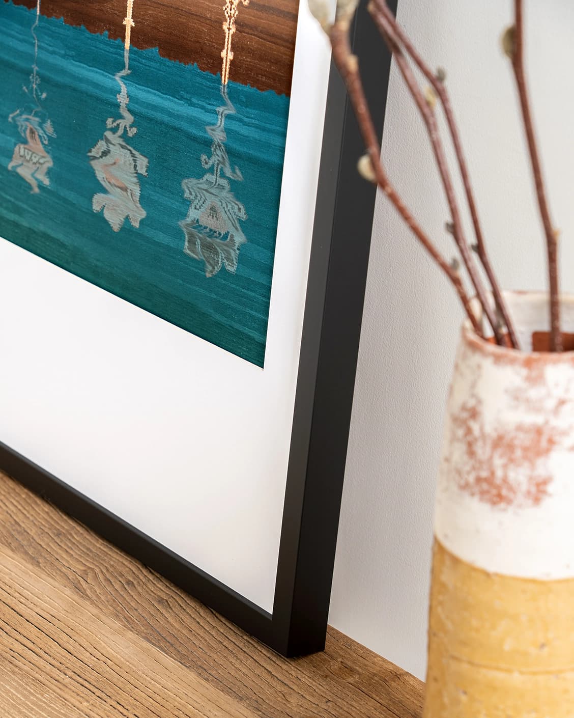 Tulips fine art print in blue and beige, shown in a lifestyle close-up view as image 5