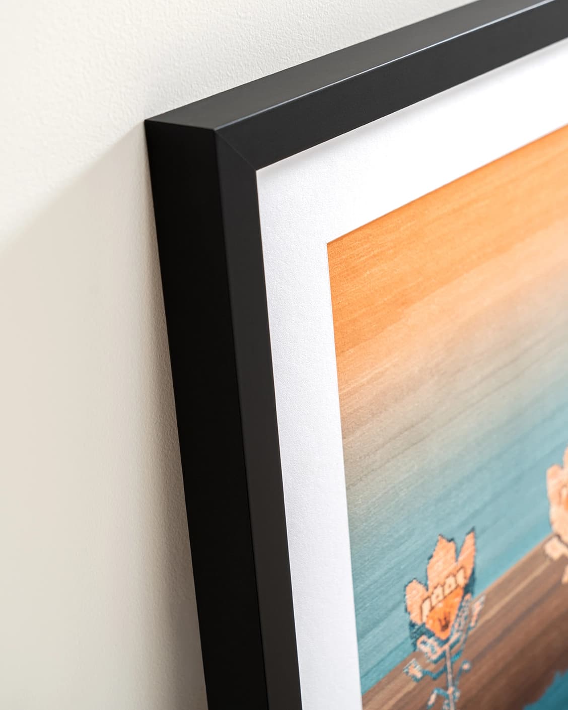 Tulips fine art print in blue and beige, shown in a lifestyle close-up view as image 6