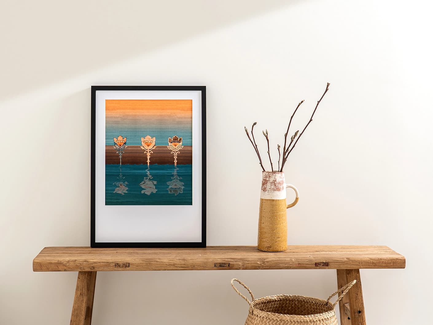 Tulips fine art print artwork in blue and beige, shown in a lifestyle front view