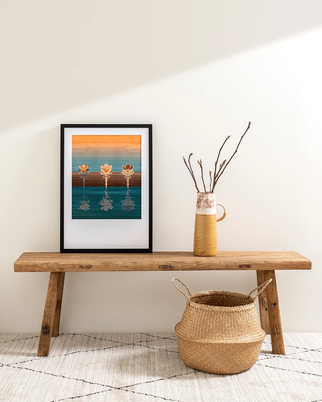 Tulips fine art print in blue and beige, shown in a lifestyle front view as image 2