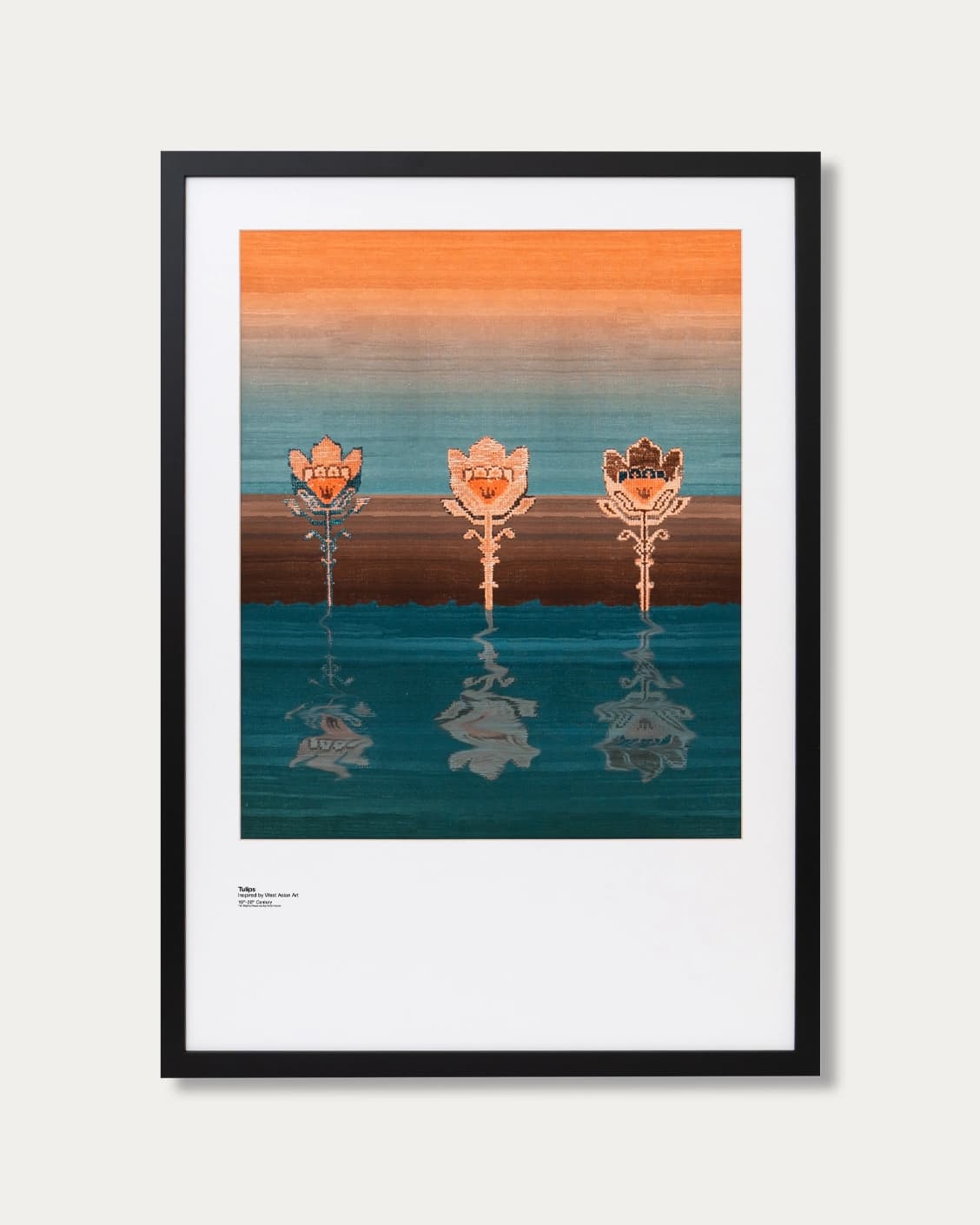 Tulips fine art print in blue and beige, shown in a lifestyle front view as image 1