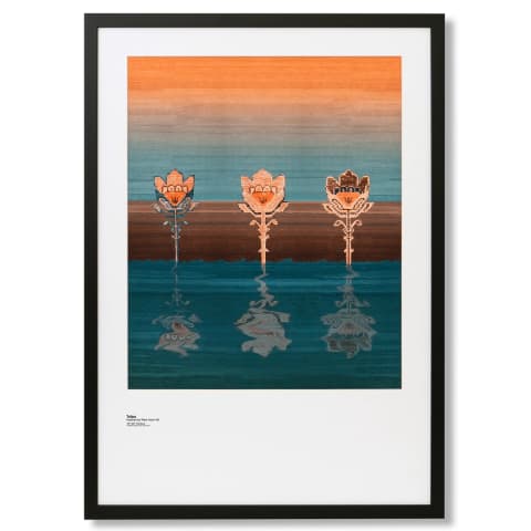 Tulips fine art print in blue and beige, shown in a lifestyle front view as image 1