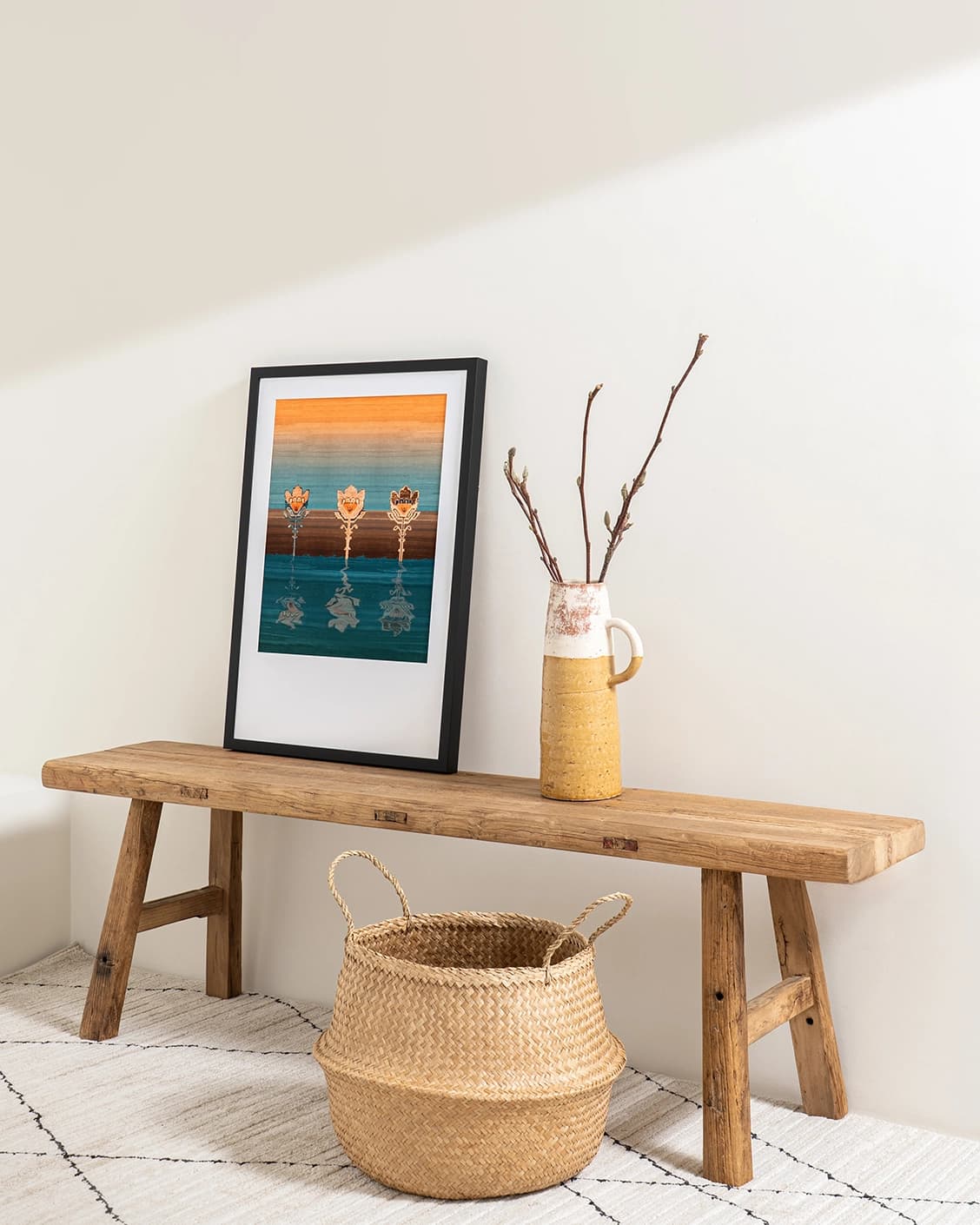 Tulips fine art print in blue and beige, shown in a lifestyle right view as image 3