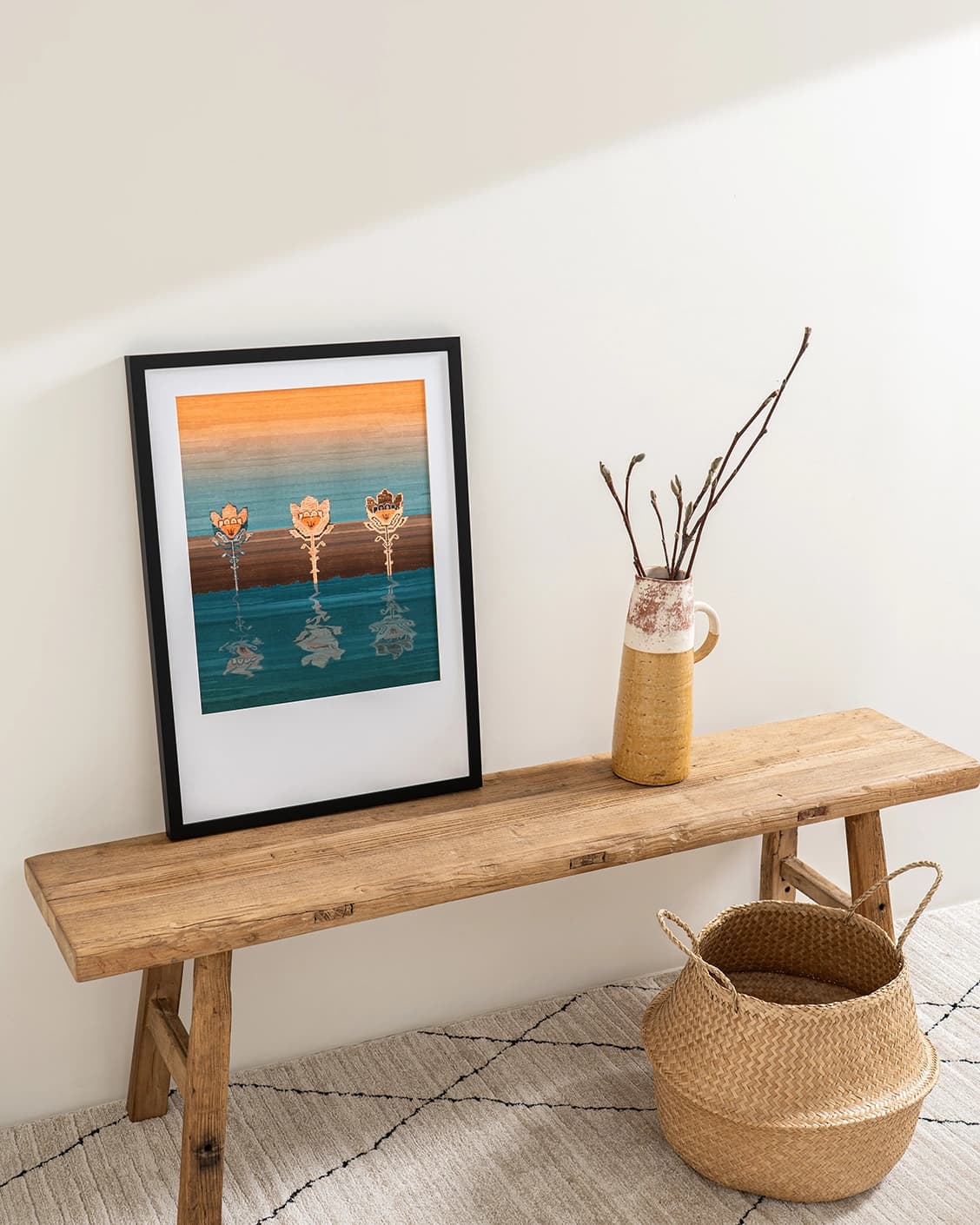 Tulips fine art print in blue and beige, shown in a lifestyle top view as image 4