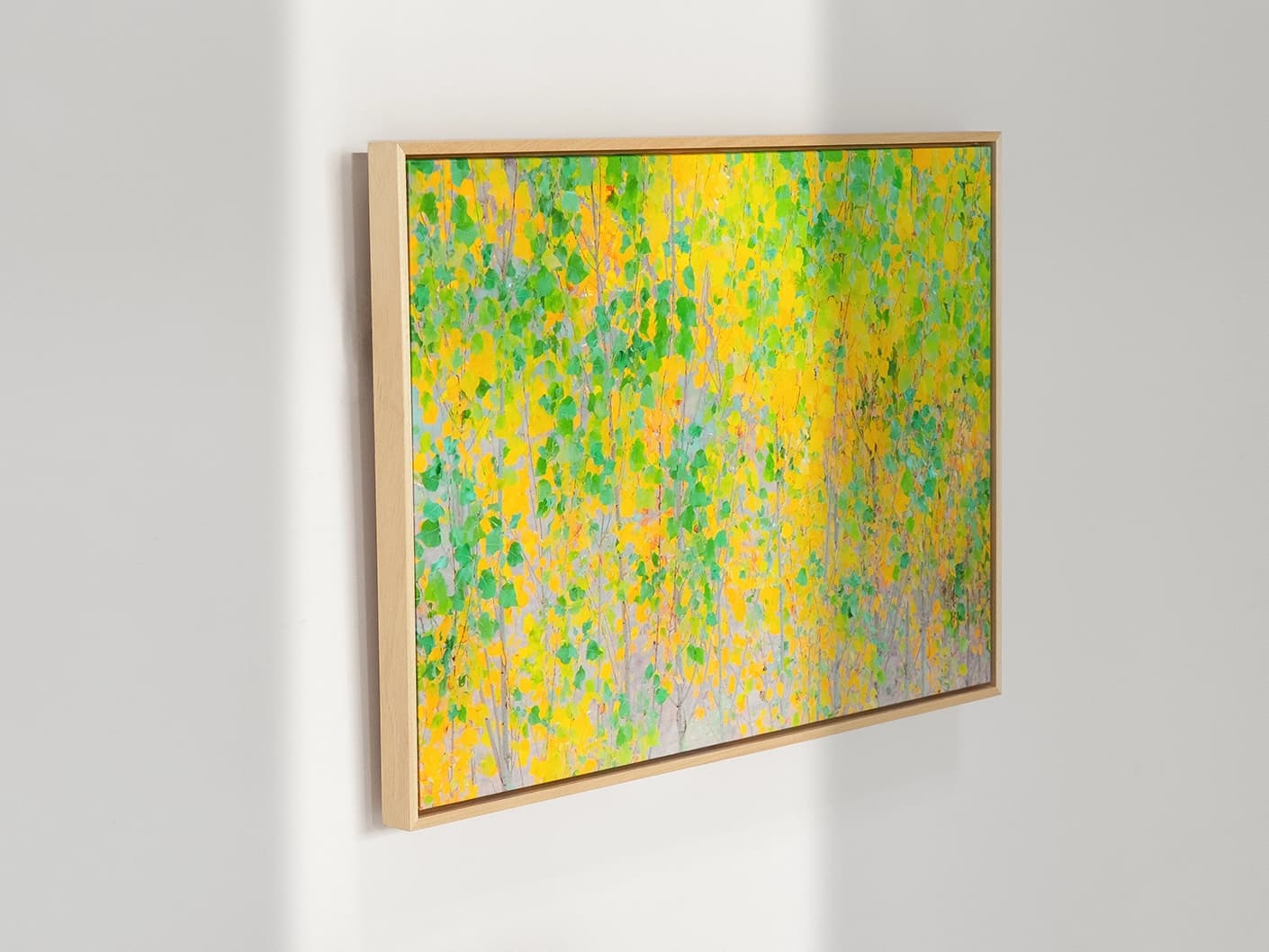 Twilight canvas artwork in green and yellow, shown in a lifestyle left view
