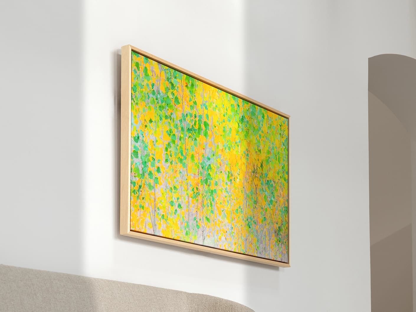 Twilight canvas in green and yellow, shown in a lifestyle left view as image 1