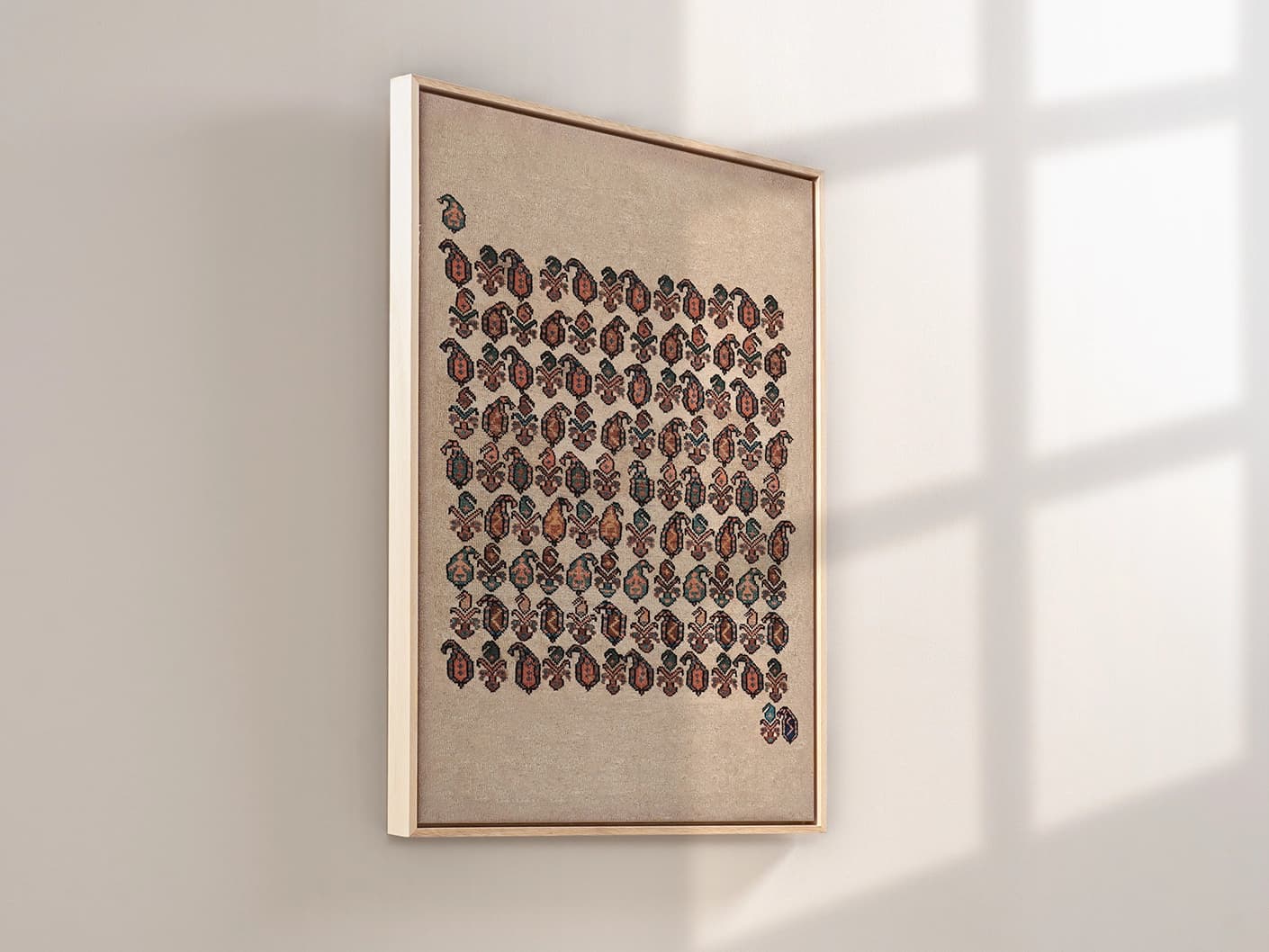 Paisley Park canvas artwork in beige and multicolour, shown in a lifestyle left view