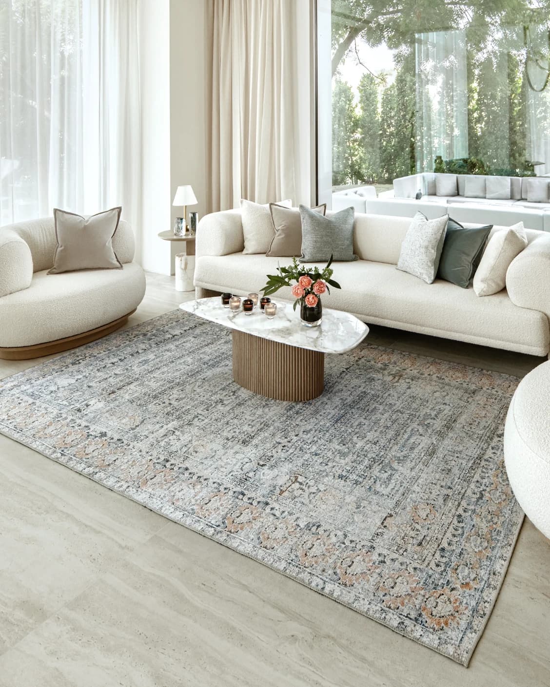 Vince Lake carpet in blue and rust, shown in a lifestyle right view as image 6