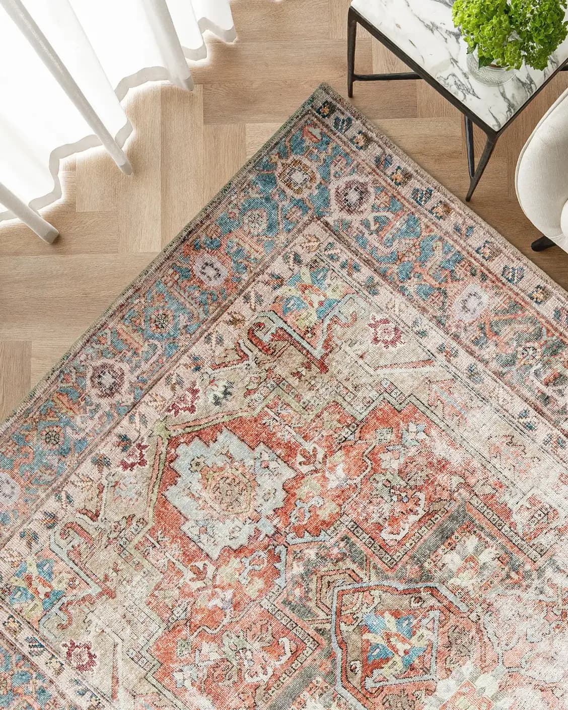 Vince Rouge carpet in red and multicolour, shown in a lifestyle top view as image 2