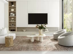Vince Sandy carpet in sandy, beige and multicolour, shown in a lifestyle front view