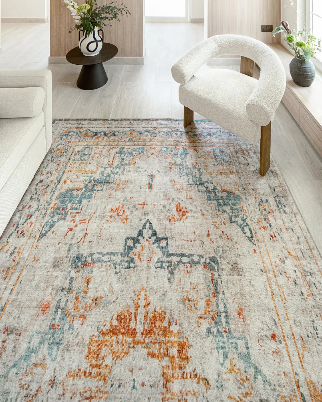 Vince Tangelo carpet in beige, blue, orange and multicolour, shown in a lifestyle top view as image 8