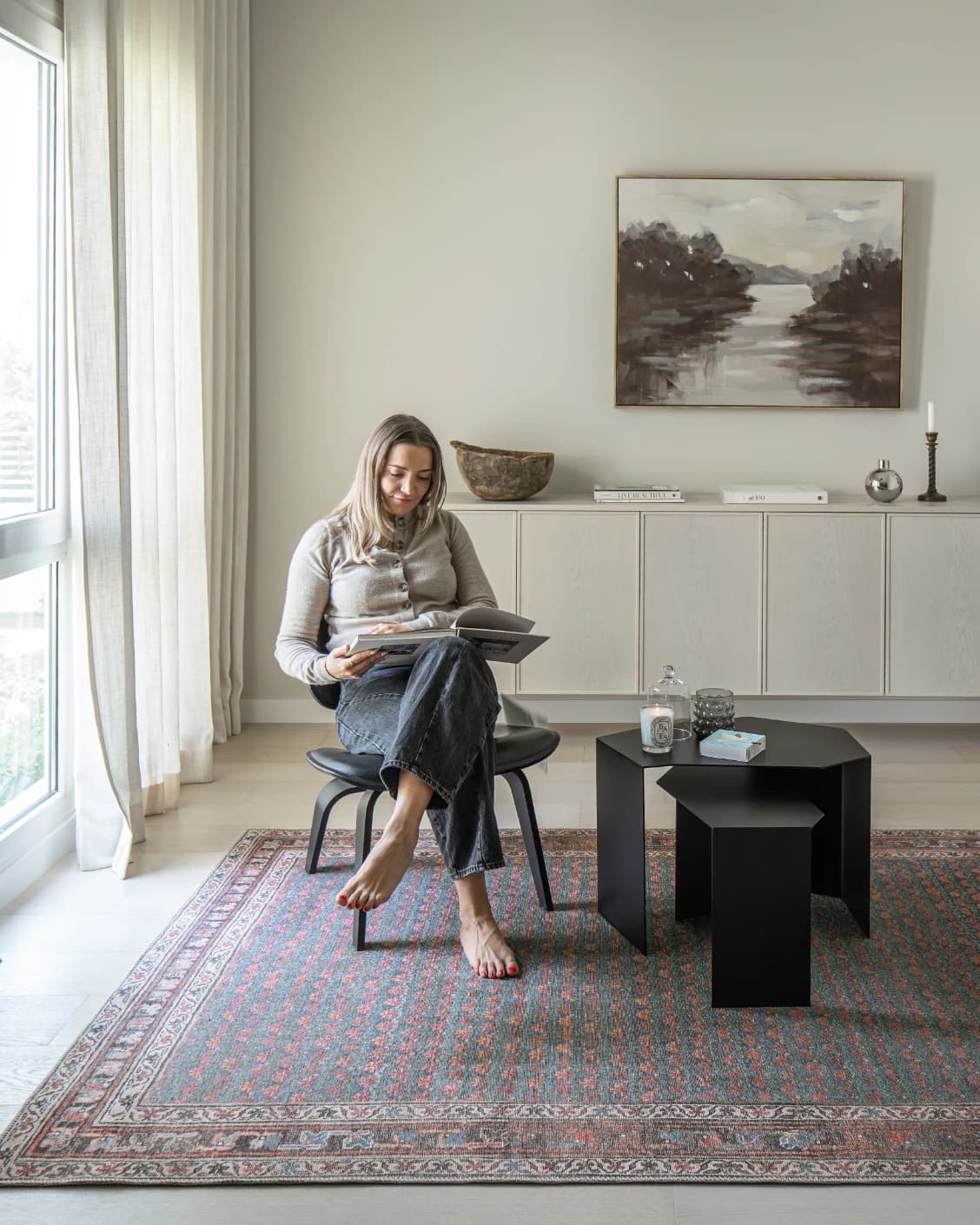 Vincent Denim carpet in blue, rust and multicolour, shown in a lifestyle front view as image 14