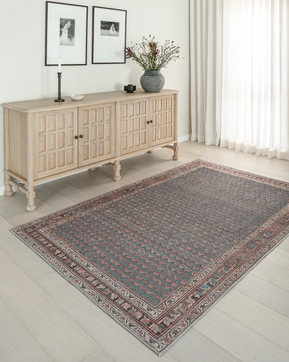 Vincent Denim carpet in blue, rust and multicolour, shown in a lifestyle front view as image 12