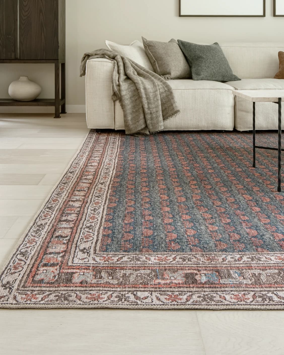 Vincent Denim carpet in blue, rust and multicolour, shown in a lifestyle front view as image 11