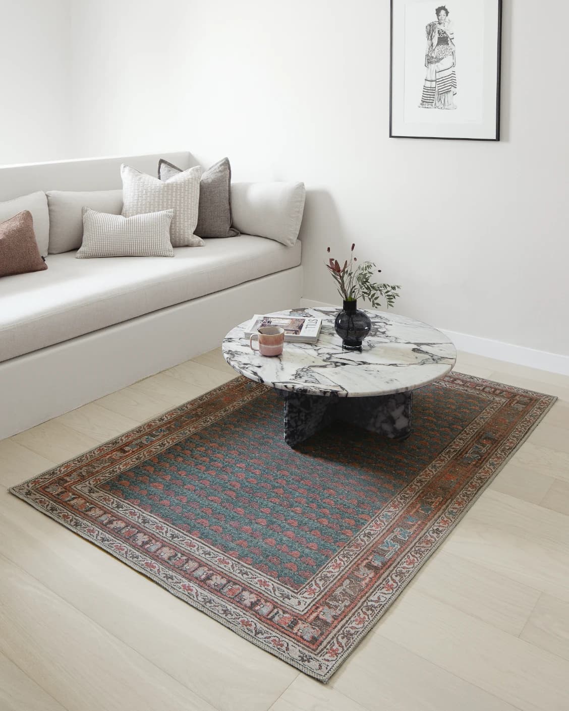 Vincent Denim carpet in blue, rust and multicolour, shown in a lifestyle front view as image 19