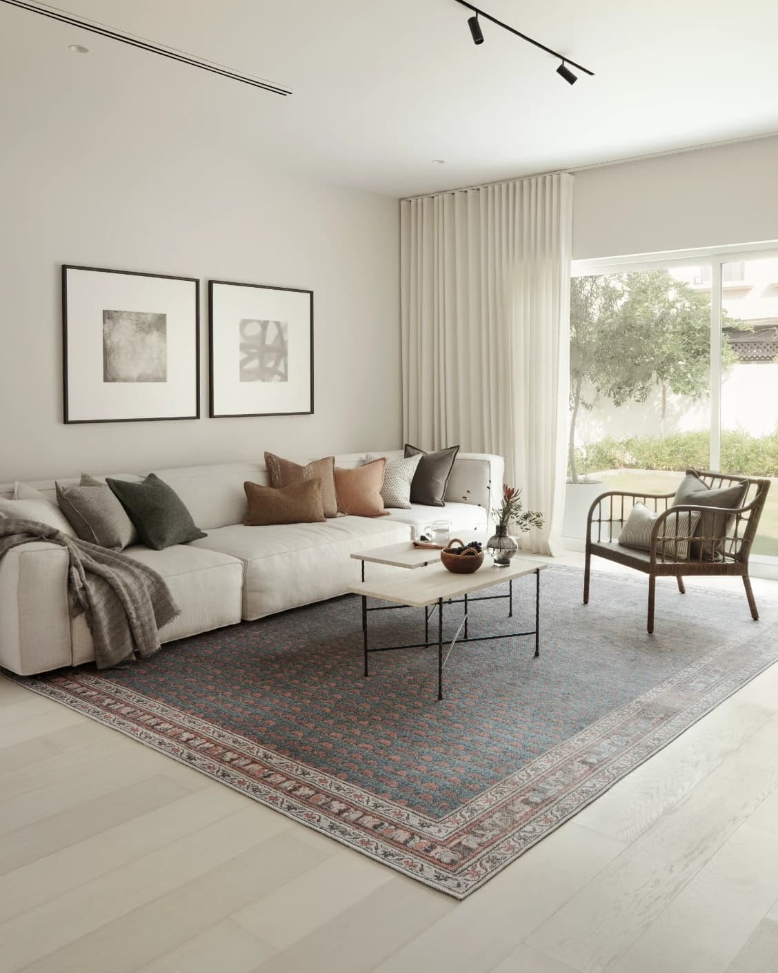 Vincent Denim carpet in blue, rust and multicolour, shown in a lifestyle front view as image 8