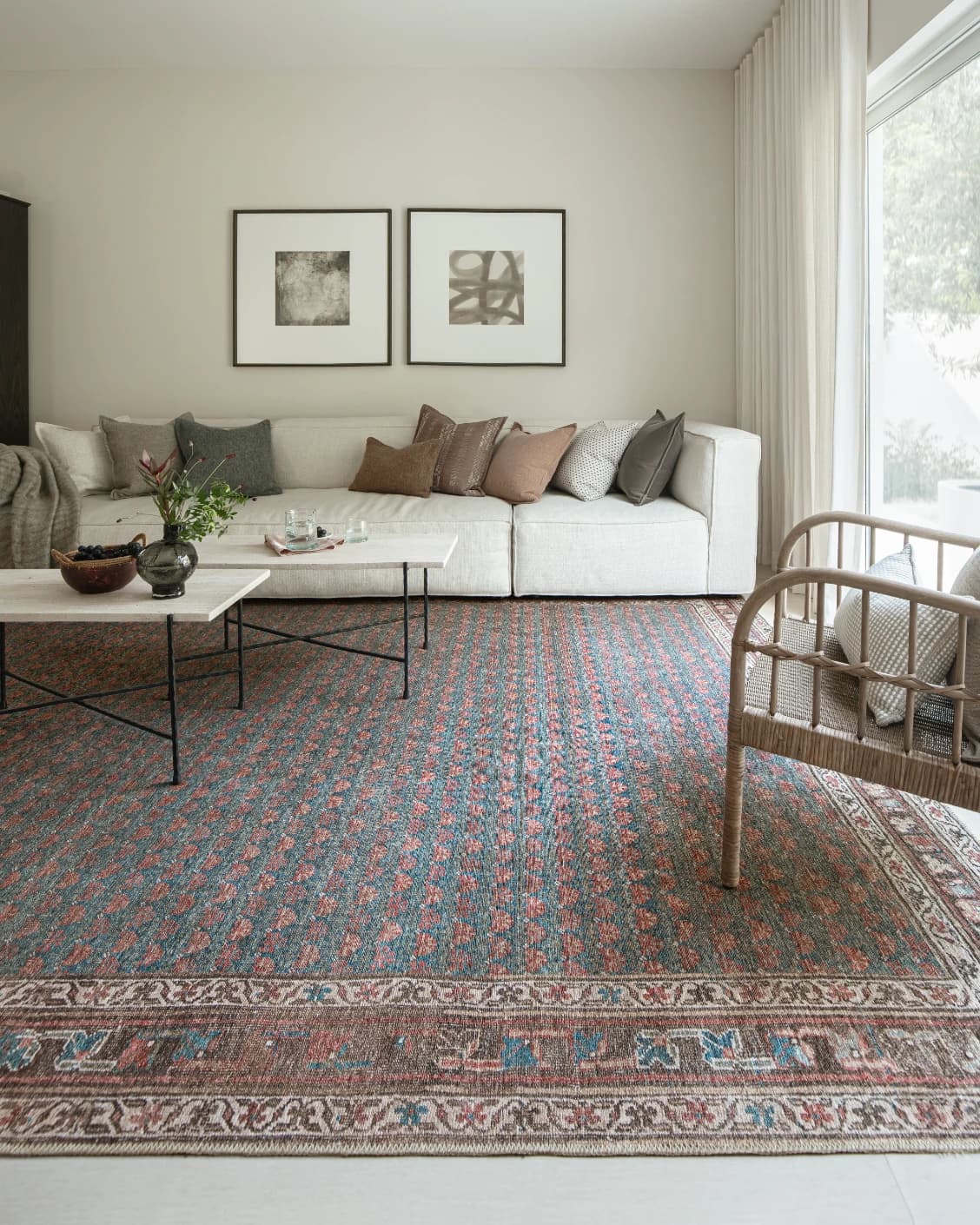 Vincent Denim carpet in blue, rust and multicolour, shown in a lifestyle front view as image 9