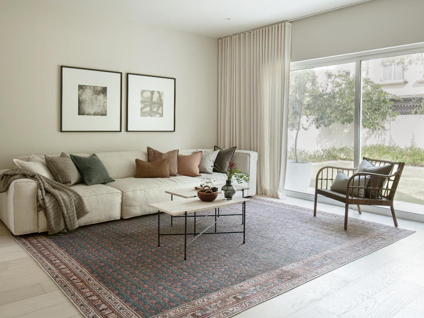 Vincent Denim carpets in blue, rust and multicolour, shown in a lifestyle front view as image 3