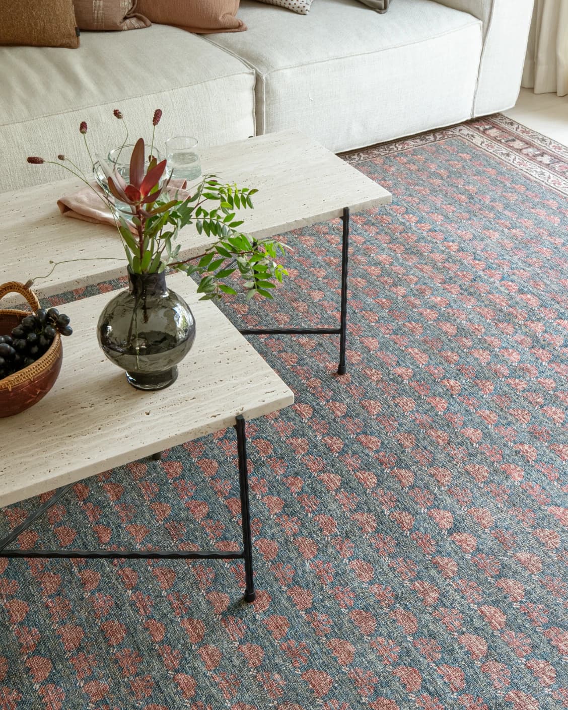 Vincent Denim carpet in blue, rust and multicolour, shown in a lifestyle top view as image 24
