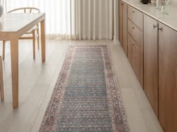 Vincent Denim Runners carpet in blue, rust and multicolour, shown in a lifestyle front view