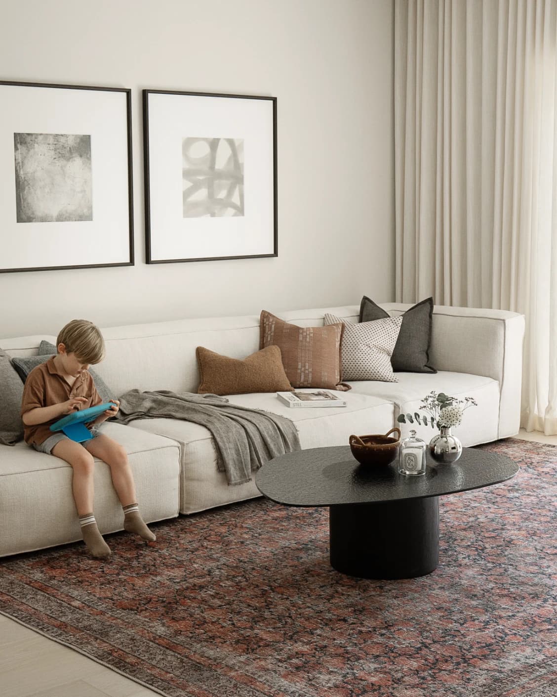 Vincent Terracotta carpet in rust and multicolour, shown in a lifestyle left view as image 22