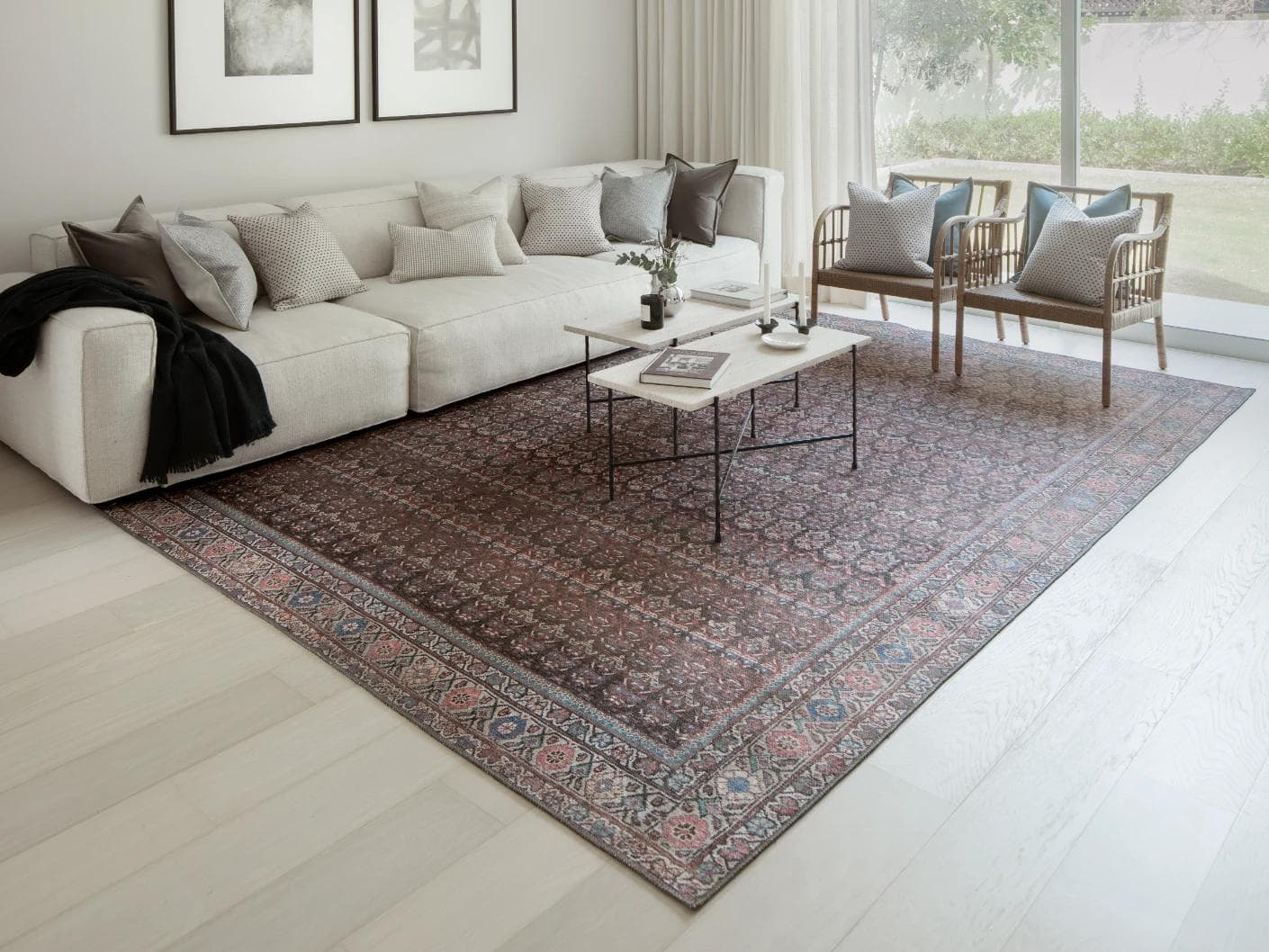 Vincent Umber carpets in red, blue and multicolour, shown in a lifestyle front view as image 3